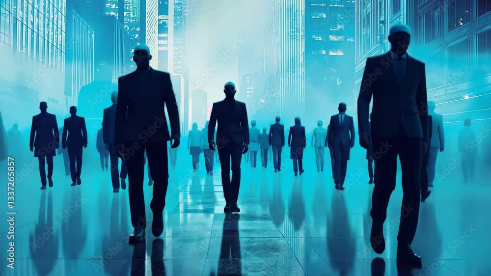 Poster mysterious silhouetted figures in suits navigate futuristic urban cityscape enveloped in blue haze, 