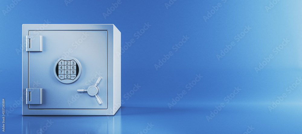 Poster Secure metal safe box with keypad lock on blue background. 3D Rendering