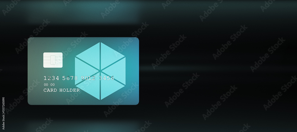 Poster blank credit card mockup with chip and embossed numbers on a dark background. 3d rendering