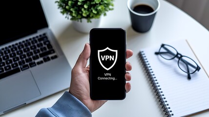 Naklejka premium VPN Security: Protecting Online Privacy on Mobile Devices, online privacy, secure browsing, cybersecurity, VPN encryption, digital security, anonymous browsing, cyber protection, private network.