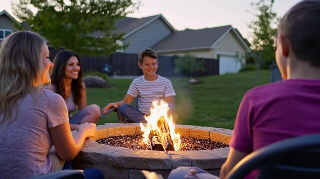 Friends gathering around a fire pit in a backyard during sunset, enjoying a cozy evening