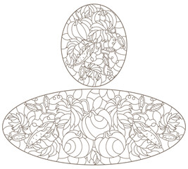 A set of contour illustrations of stained glass Windows with ripe tomatoes and cucumbers, dark contours on a white background