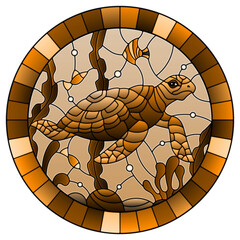 Illustration in stained glass style with sea turtle on the seabed background with algae, fish and stones, oval image in  frame