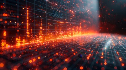 Fototapeta premium Abstract Digital Landscape Glowing Grid and Particles in Cyberspace with Light Streaks