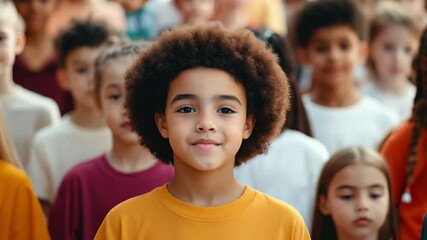 A group of children stands together in bright clothes, highlighting diversity and friendship at a community gathering during the day