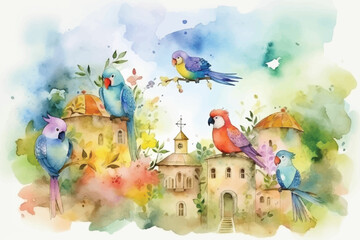 Watercolor Vector Background With Birds | Hand-Painted Wall Mate