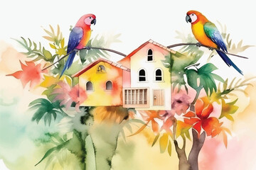 Watercolor Vector Background With Birds | Hand-Painted Wall Mate