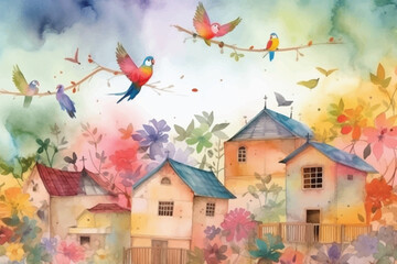 Watercolor Vector Background With Birds | Hand-Painted Wall Mate