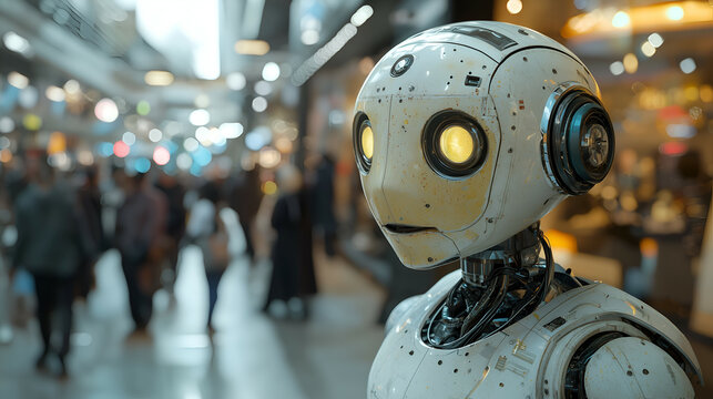 Futuristic Robot Revolution: Human-Robot Interaction in High-Tech Urban Shopping Mall with Advanced Technology and Digital Innovations