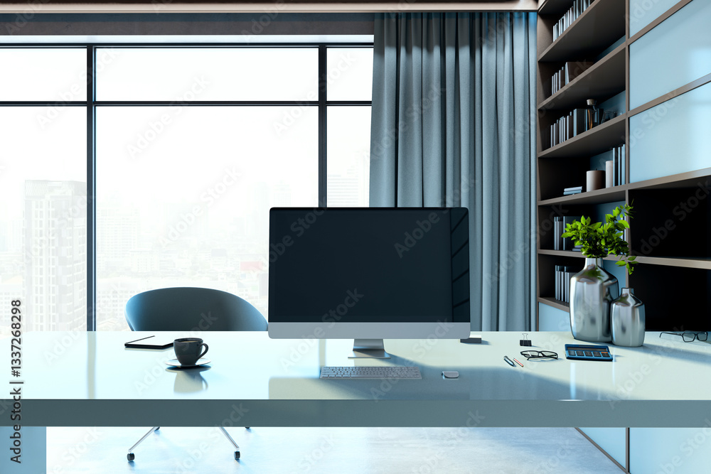Poster modern office workspace with blank desktop screen and glass desk. 3d rendering