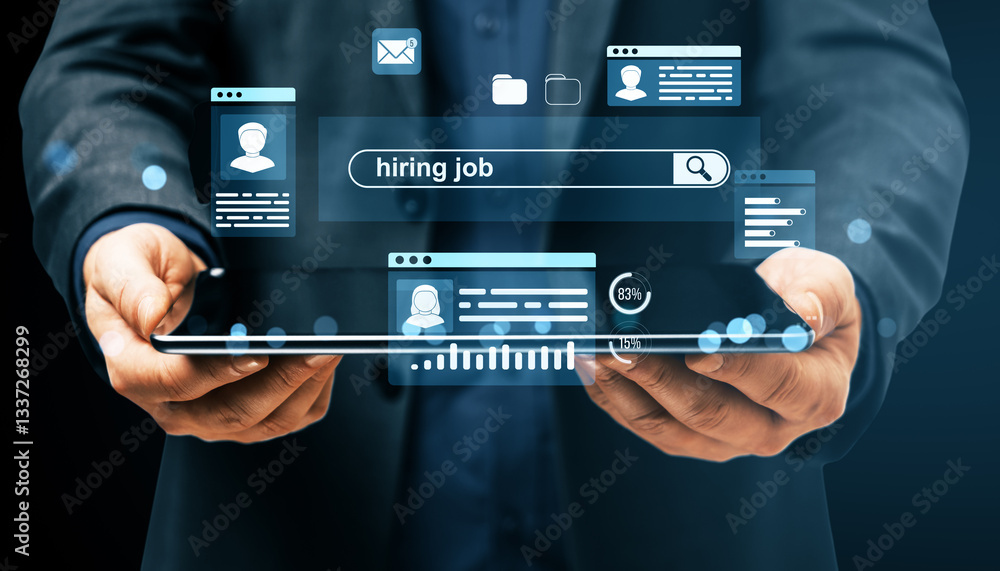 Poster digital recruitment concept with businessman using tablet for hiring job search.