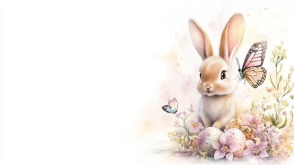 Obraz premium cartoon rabbit with a flower and butterfly, an Easter-themed watercolor illustration for a kids' background