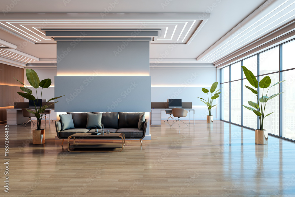 Poster modern office waiting area with large windows and city view. 3d rendering