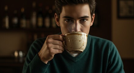 Pensive Young Man Enjoying Steaming Coffee in Cafe Setting Close Up Portrait