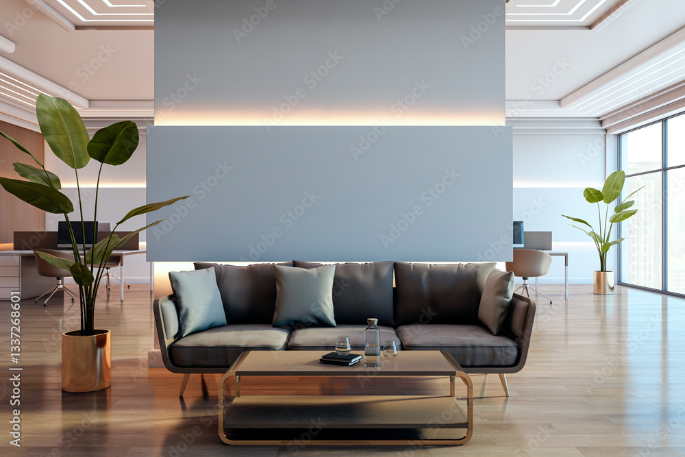 Poster modern office waiting area with black sofa and glass table in stylish interior. 3d rendering