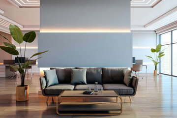 Modern office waiting area with black sofa and glass table in stylish interior. 3D Rendering