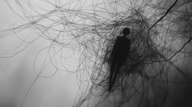 Silky threads whisper through the void as sparse legs unfold, formed from stark black lines, a phantom presence. Whispering Threads. Illustration