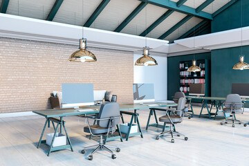 Modern loft-style office with spacious open workspace. 3D Rendering