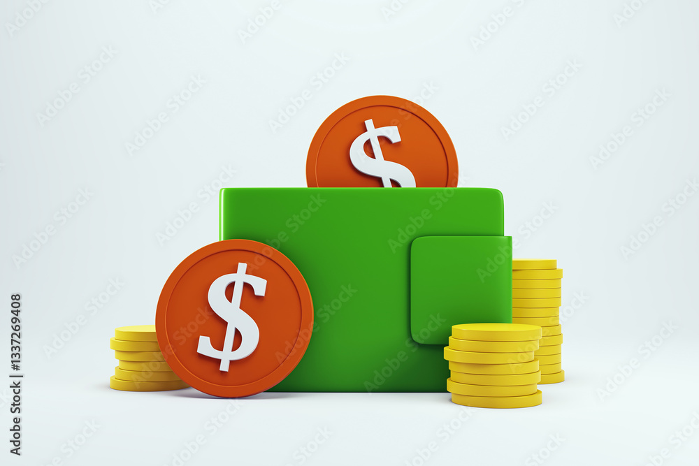 Poster green wallet with dollar coins symbolizing financial investment and security. 3d rendering