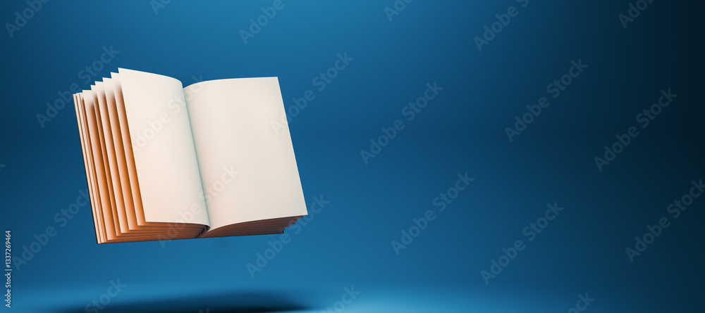 Poster Open book mockup on blue background. 3D Rendering. 3D Rendering