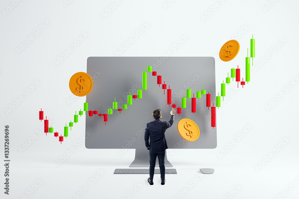 Poster businessman analyzing forex market chart on a computer screen.