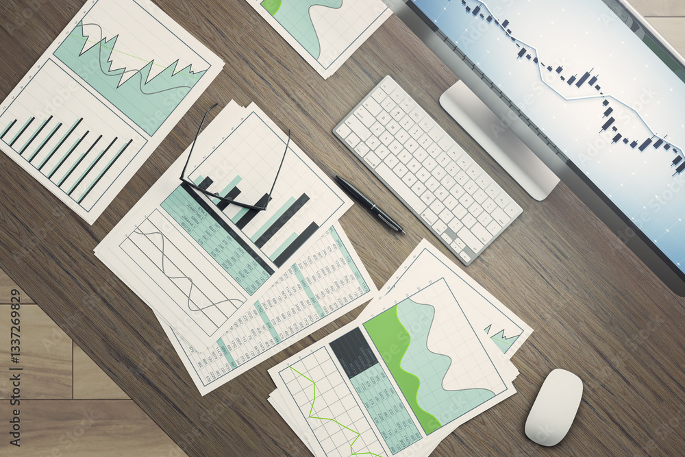 Poster Financial charts and reports on wooden office desk with computer monitor displaying stock market data. 3D Rendering