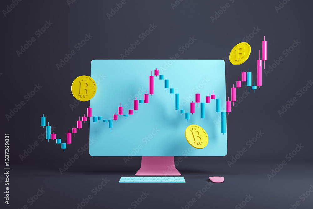 Fototapete bitcoin market analysis on computer screen with 3d candlestick chart. 3d rendering