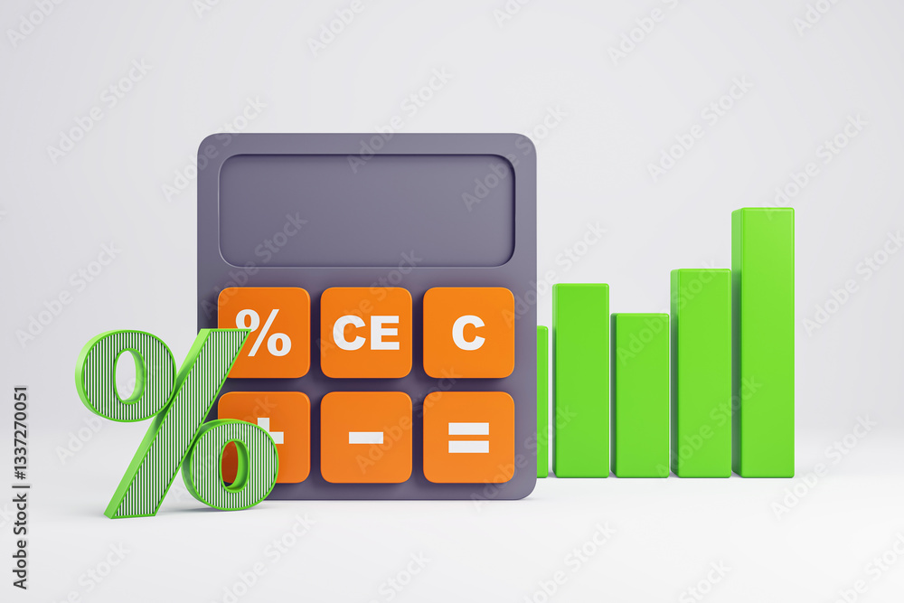 Aufkleber abstract calculator with percentage symbol and green bar chart on white background. 3d rendering