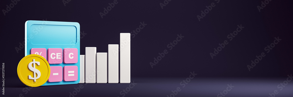 Poster 3D rendering of a calculator, dollar coin, and bar chart on a dark background. 3D Rendering