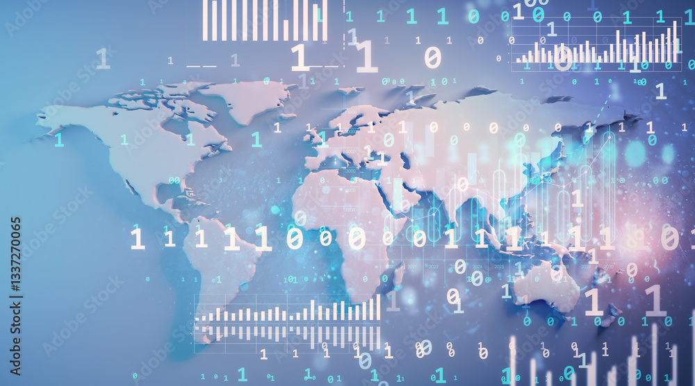 Aufkleber Futuristic digital world map with data overlay and binary code on blue background. 3D Rendering