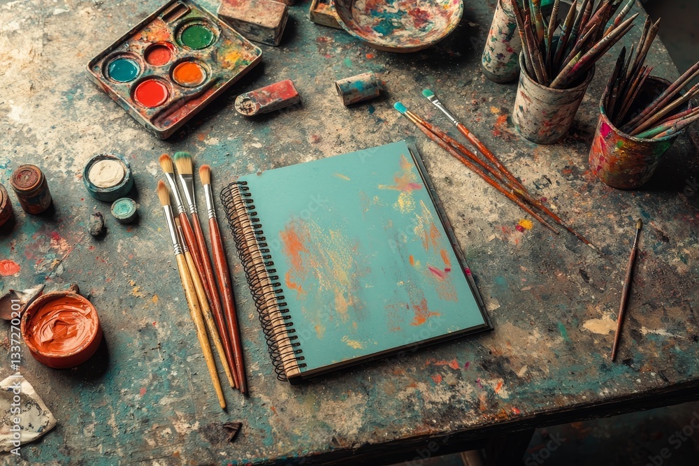 Poster an elegant marble surface serves as the backdrop for a creative workspace, complete with paintbrushe