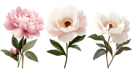 Fototapeta premium Elegant peonies in soft pink and white showcasing delicate petals and lush green leaves on light white background