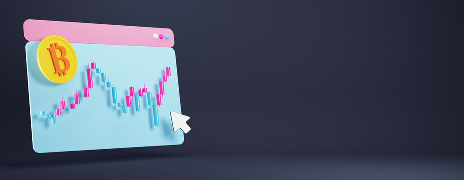 Bitcoin trading chart on digital screen with candlestick graph and financial analysis interface. 3D Rendering