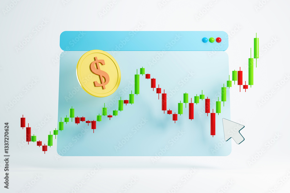 Poster 3D rendering of forex candlestick chart with dollar coin symbol. 3D Rendering