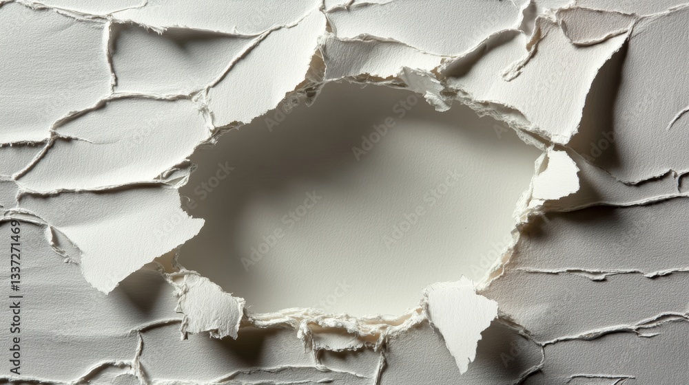 Poster a white background with a textured appearance, incorporating torn paper elements, overlapping layers