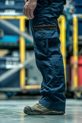 A worker wearing navy blue cargo pants and durable safety boots stands in an industrial warehouse.