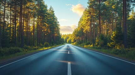 Obraz premium Luxury car highway drive through deep green pine forests in the afternoon sun