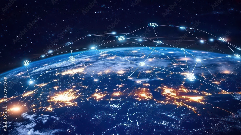 Poster earth view from space. global network. blockchain technology. planet and communication. future world