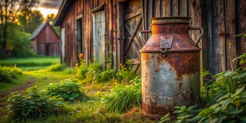 Obraz premium Rustic Old Milk Churn in a Barnyard - Vintage Dairy Farm Scene