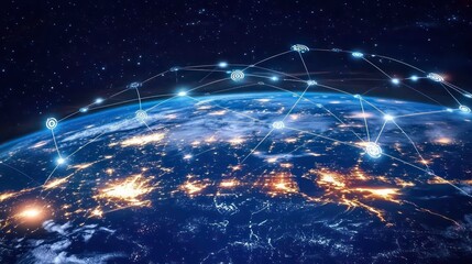 Obraz premium Earth view from space. Global network. Blockchain technology. Planet and communication. Future world 3D illustration.