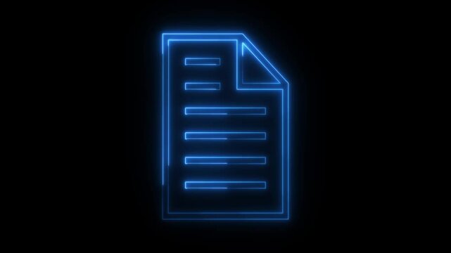 neon blue color document file icon animation paper note test office form animated on black background