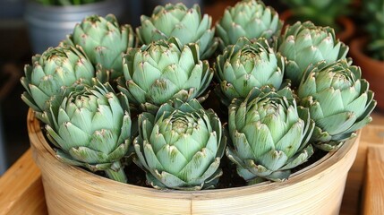 Fototapeta premium Freshly prepared artichokes displayed in a wooden basket at a market