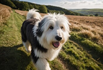 bearded collie running happy on countryside, puppy dog playing in the nature