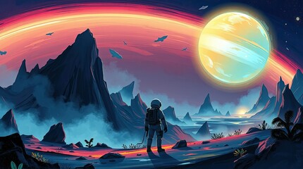 Fototapeta premium An astronaut stands on a rocky alien terrain gazing at a massive gas giant in the sky surrounded by colorful mountain silhouettes and distant birds