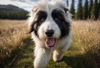 Bobtail Old English Sheepdog running in the countryside, lovely big doggy playing outdoors