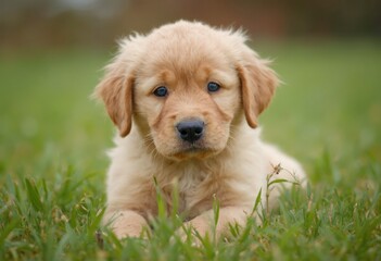A Golden Retriever Puppy Lying in the Grass