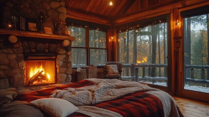A Cozy Cabin Interior With Warm Fireplace And Scenic Views