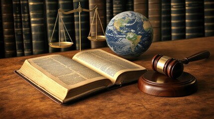 Justice and world peace, law books, scale, gavel, concept