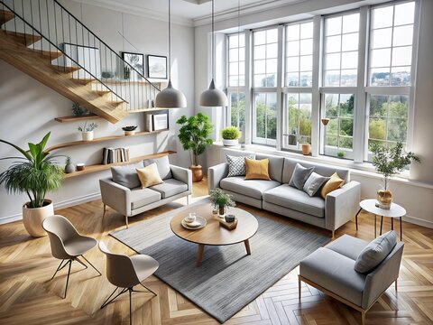 Scandinavian Modern Living Room: Minimalist Chic Interior Design Aerial View