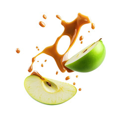 Sliced Green Apple with Flowing Caramel Sauce in Mid-Air, cut out